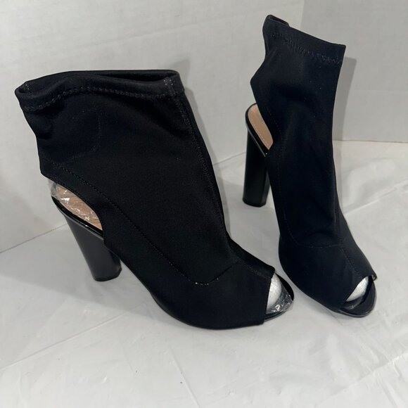 Black Open-Toe Stretch Sock High Heel Ankle Boots Size 9.5 - Picture 3 of 5